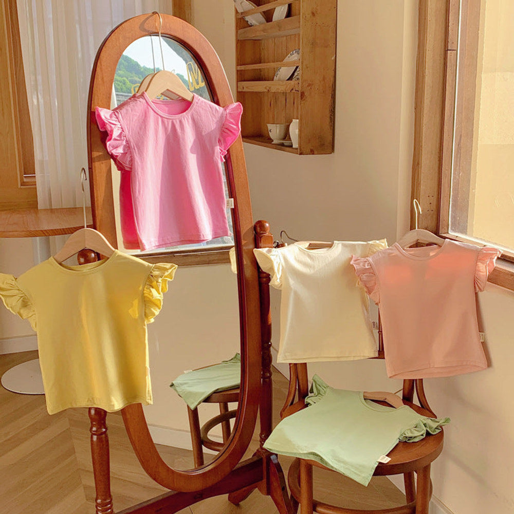 MyKids-USA® Girls Crew Neck Solid Color Fly Sleeves Top T-Shirt