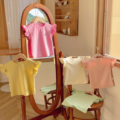 MyKids-USA® Girls Crew Neck Solid Color Fly Sleeves Top T-Shirt