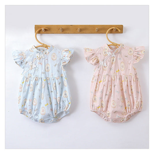 MyKids-USA® Baby Girls Rabbits Print Fly Sleeves Stand Collar bodysuit