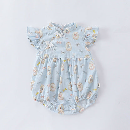 MyKids-USA® Baby Girls Rabbits Print Fly Sleeves Stand Collar bodysuit