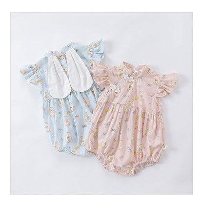 MyKids-USA® Baby Girls Rabbits Print Fly Sleeves Stand Collar bodysuit