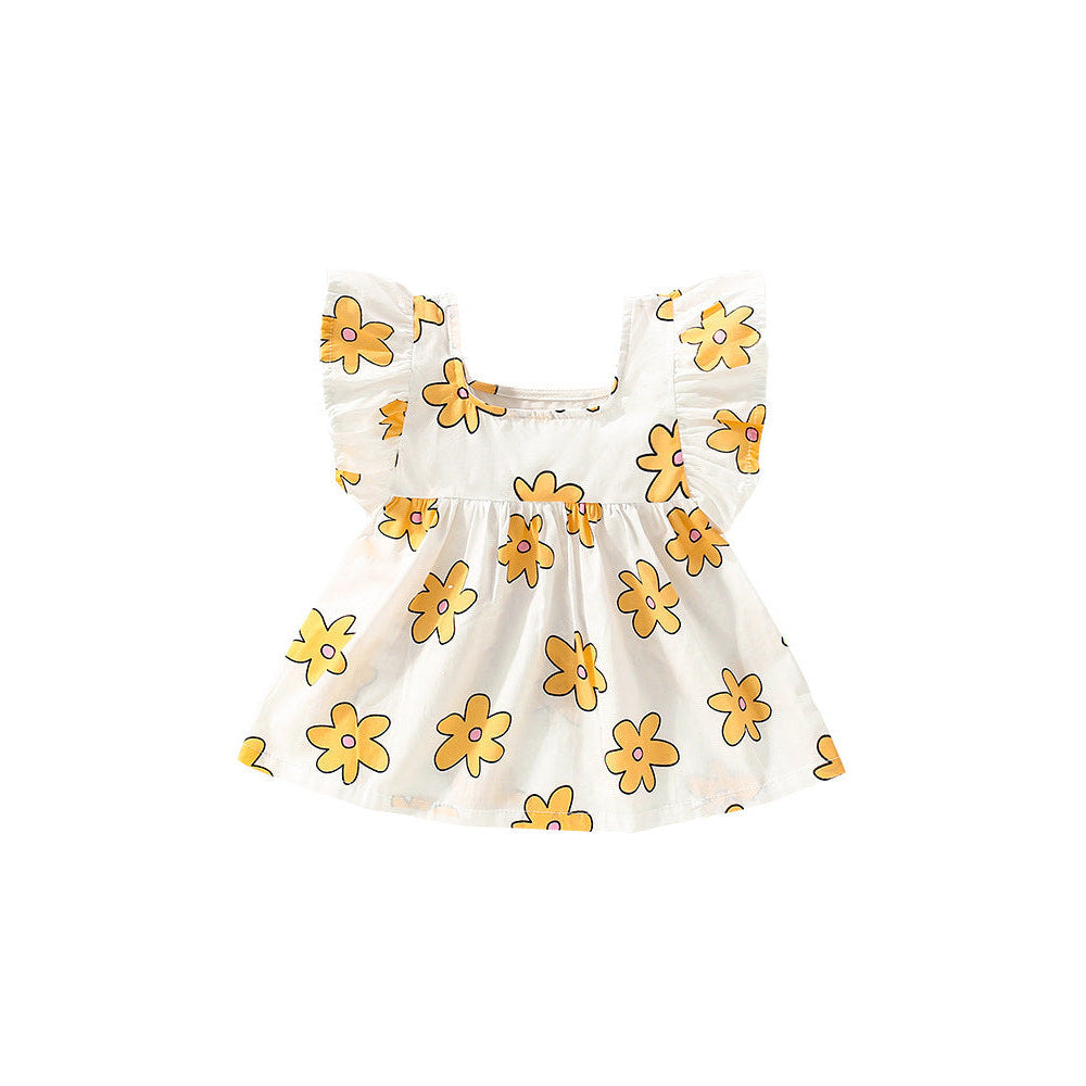 MyKids-USA® Baby Kids Girls Fly Sleeves Floral Print Square Neck Yellow Dress