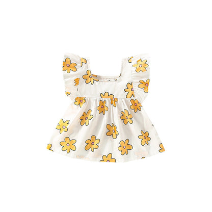 MyKids-USA® Baby Kids Girls Fly Sleeves Floral Print Square Neck Yellow Dress