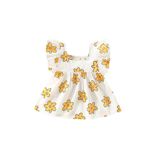 MyKids-USA® Summer Arrival Baby Kids Girls Fly Sleeves Floral Print Square Neck Yellow Dress