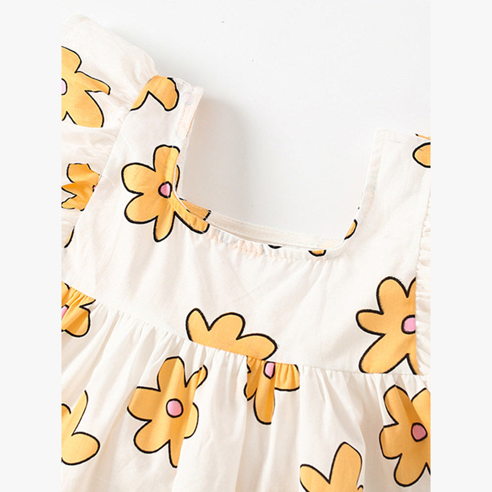 MyKids-USA® Baby Kids Girls Fly Sleeves Floral Print Square Neck Yellow Dress