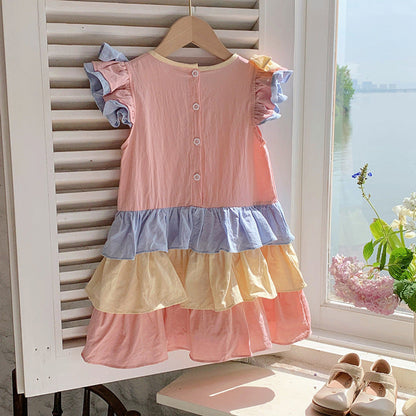 MyKids-USA® Design Kids Girls Colorful Color Patchwork Short Sleeves Crew Neck Ruffle Dress