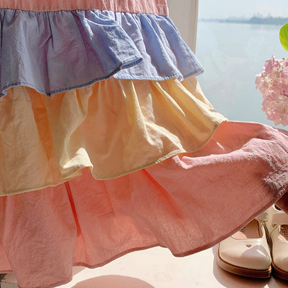 MyKids-USA® Design Kids Girls Colorful Color Patchwork Short Sleeves Crew Neck Ruffle Dress