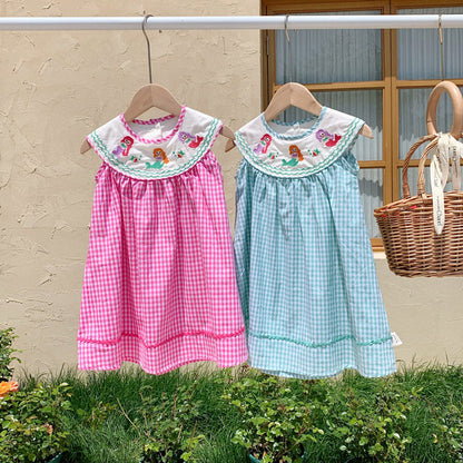 MyKids-USA® Design Baby Kids Girls Plaid Sleeveless Mermaid Embroidery Collar Dress
