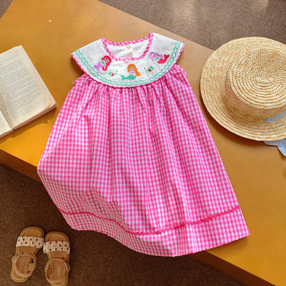 MyKids-USA® Design Baby Kids Girls Plaid Sleeveless Mermaid Embroidery Collar Dress