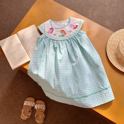 MyKids-USA® Design Baby Kids Girls Plaid Sleeveless Mermaid Embroidery Collar Dress