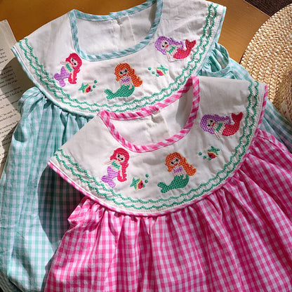MyKids-USA® Design Baby Kids Girls Plaid Sleeveless Mermaid Embroidery Collar Dress