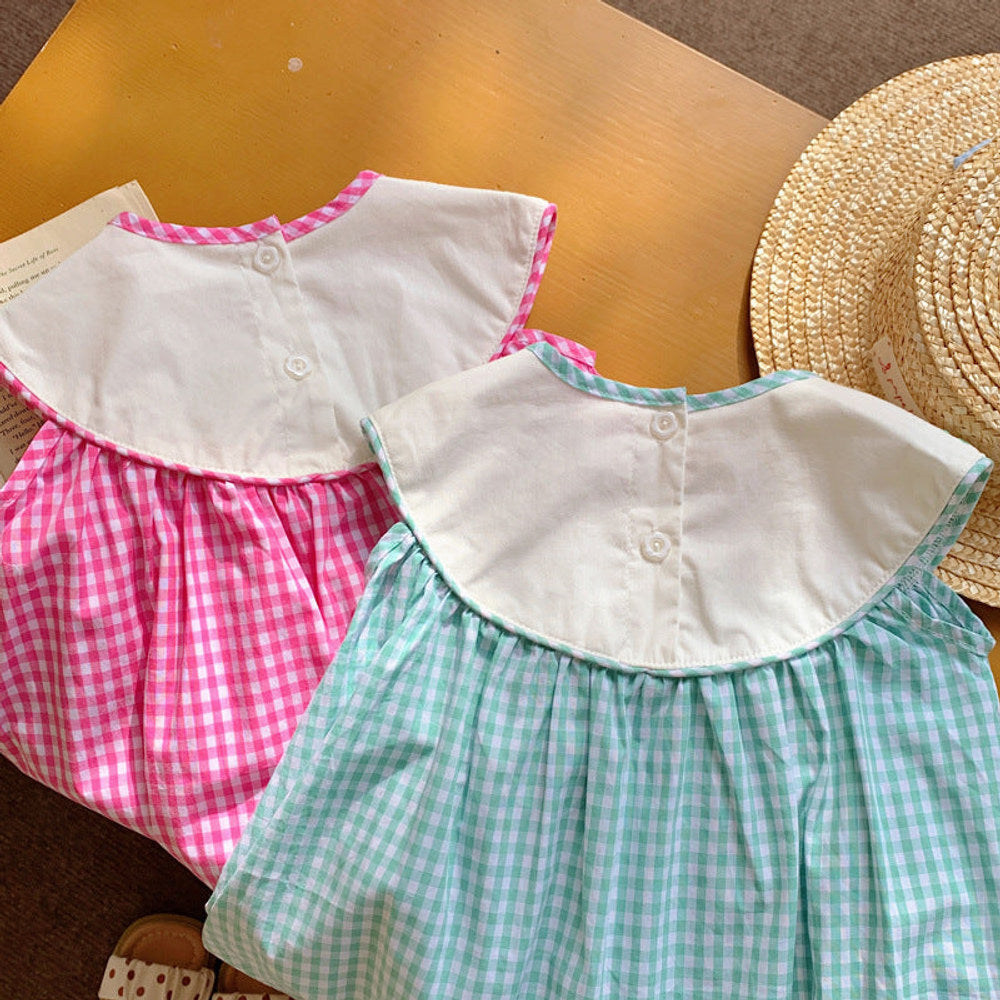 MyKids-USA® Design Baby Kids Girls Plaid Sleeveless Mermaid Embroidery Collar Dress