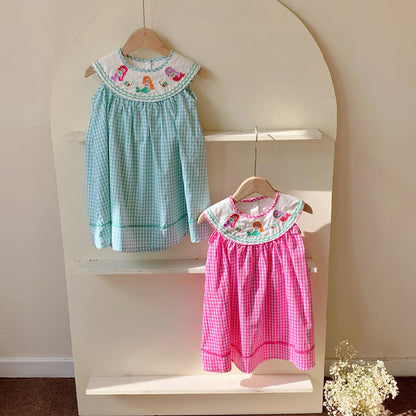 MyKids-USA® Design Baby Kids Girls Plaid Sleeveless Mermaid Embroidery Collar Dress