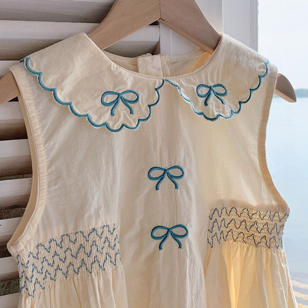 MyKids-USA® Baby Kids Girls Vintage Sleeveless Bows Pattern Embroidery Collar Dress