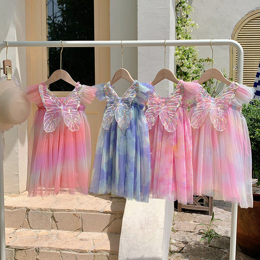 MyKids-USA® Summer Baby Kids Girls Gradient Fly Sleeves Butterfly Design Mesh Princess Dress
