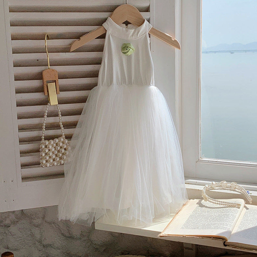 MyKids-USA® Baby Kids Girls French Crew Neck Sleeveless 3D Flowers Mesh Patchwork Princess Dress