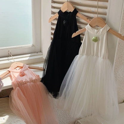 MyKids-USA® Baby Kids Girls French Crew Neck Sleeveless 3D Flowers Mesh Patchwork Princess Dress