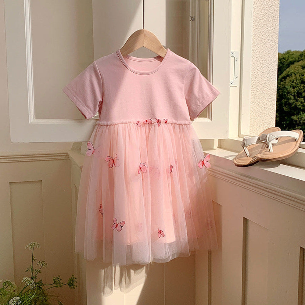 MyKids-USA® Baby Kids Girls Princess Crew Neck Short Sleeves 3D Butterfly Mesh Patchwork Dress