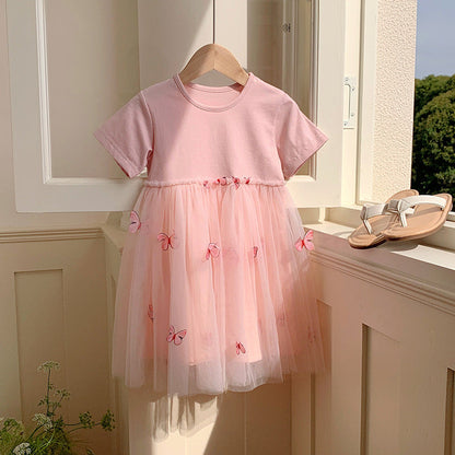MyKids-USA® Baby Kids Girls Princess Crew Neck Short Sleeves 3D Butterfly Mesh Patchwork Dress