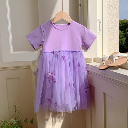 MyKids-USA® Baby Kids Girls Princess Crew Neck Short Sleeves 3D Butterfly Mesh Patchwork Dress