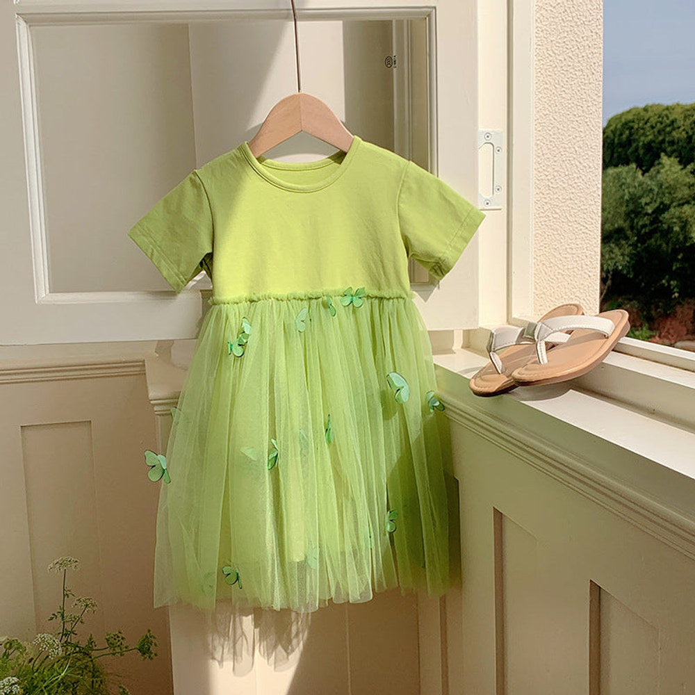MyKids-USA® Baby Kids Girls Princess Crew Neck Short Sleeves 3D Butterfly Mesh Patchwork Dress