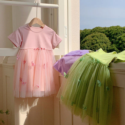 MyKids-USA® Baby Kids Girls Princess Crew Neck Short Sleeves 3D Butterfly Mesh Patchwork Dress