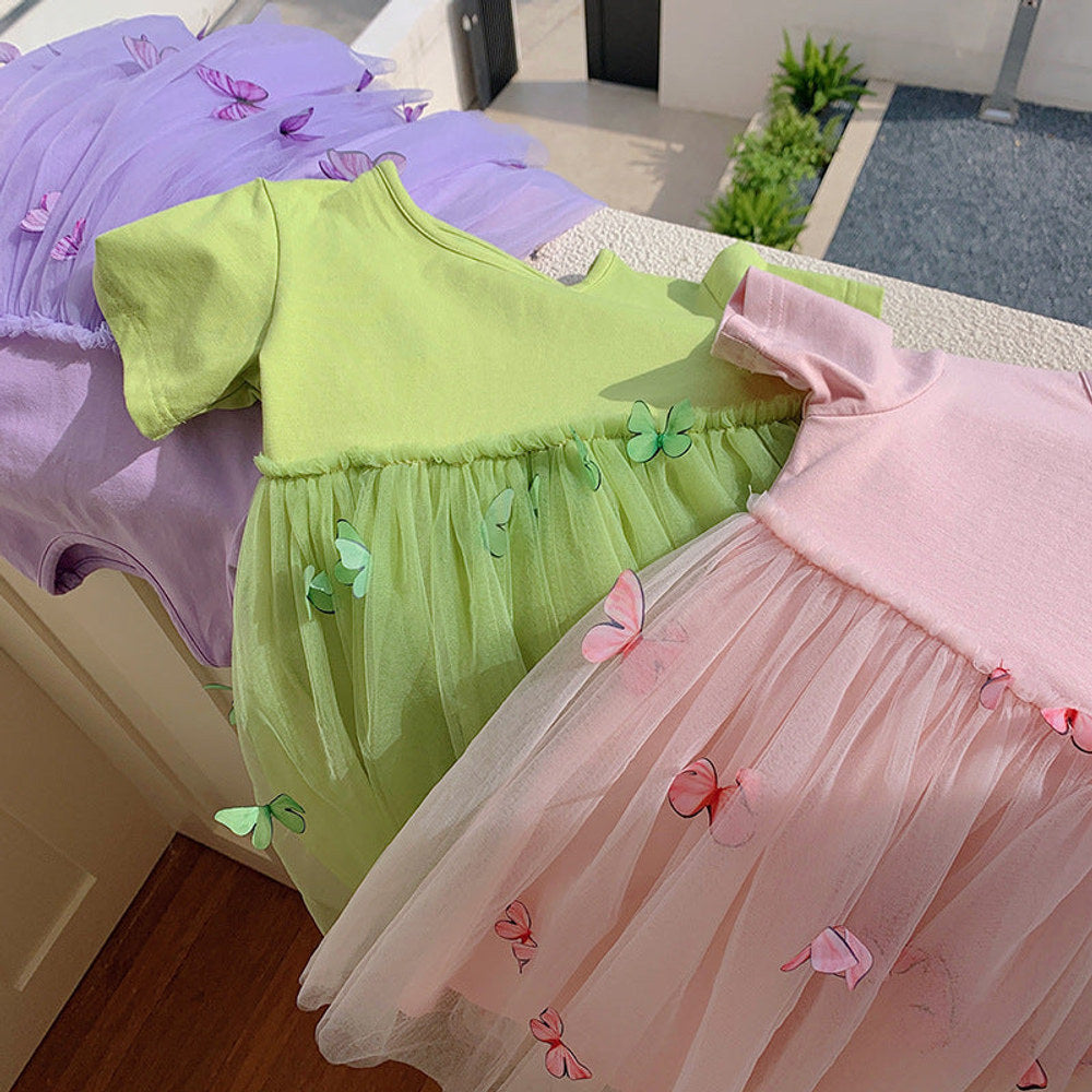 MyKids-USA® Baby Kids Girls Princess Crew Neck Short Sleeves 3D Butterfly Mesh Patchwork Dress