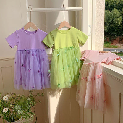 MyKids-USA® Baby Kids Girls Princess Crew Neck Short Sleeves 3D Butterfly Mesh Patchwork Dress