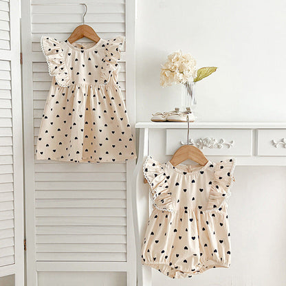 MyKids-USA® Baby Kids Girls Heart Pattern Sleeveless Crew Neck bodysuit And Girls’ Dress – Princess Sister Matching Set