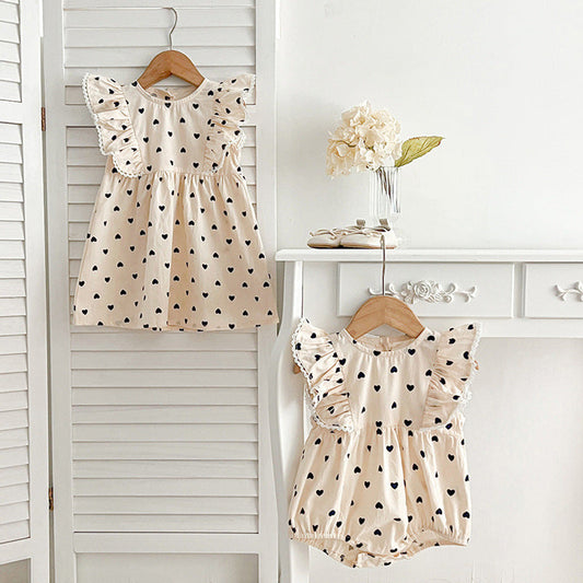 MyKids-USA® Baby Kids Girls Heart Pattern Sleeveless Crew Neck bodysuit And Girls’ Dress – Princess Sister Matching Set