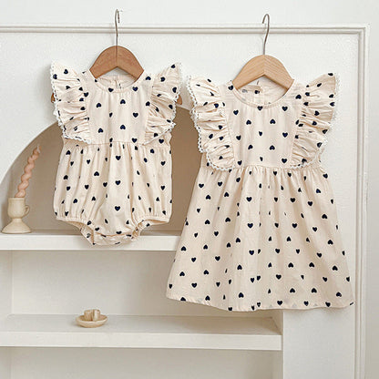 MyKids-USA® Baby Kids Girls Heart Pattern Sleeveless Crew Neck bodysuit And Girls’ Dress – Princess Sister Matching Set