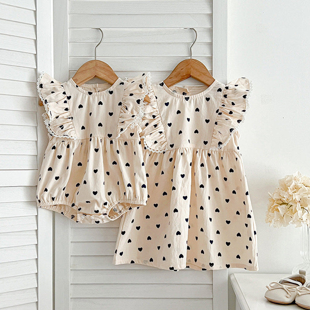 MyKids-USA® Baby Kids Girls Heart Pattern Sleeveless Crew Neck bodysuit And Girls’ Dress – Princess Sister Matching Set