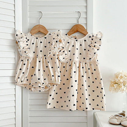 MyKids-USA® Baby Kids Girls Heart Pattern Sleeveless Crew Neck bodysuit And Girls’ Dress – Princess Sister Matching Set