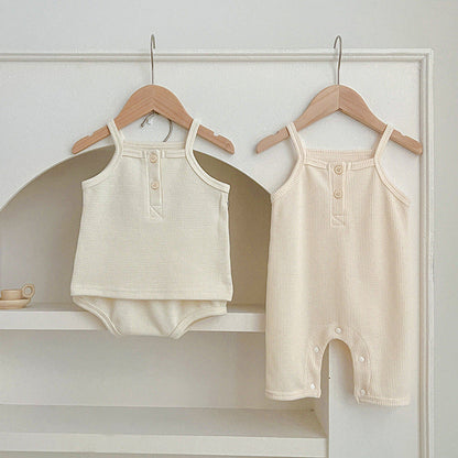 MyKids-USA® Baby Kids Waffle Grid Sleeveless Vest And Bloomers Sets And Romper – Casual Matching Set