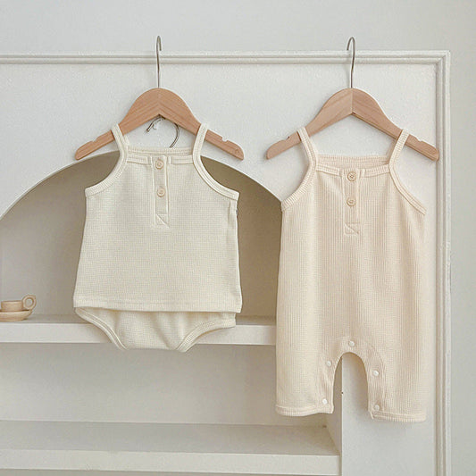 MyKids-USA® Summer Baby Kids Waffle Grid Sleeveless Vest And Bloomers Sets And Romper – Casual Matching Set