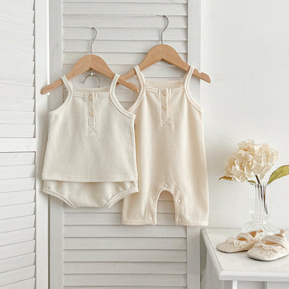 MyKids-USA® Baby Kids Waffle Grid Sleeveless Vest And Bloomers Sets And Romper – Casual Matching Set