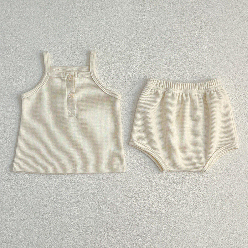 MyKids-USA® Baby Kids Waffle Grid Sleeveless Vest And Bloomers Sets And Romper – Casual Matching Set