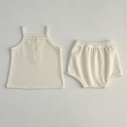 MyKids-USA® Baby Kids Waffle Grid Sleeveless Vest And Bloomers Sets And Romper – Casual Matching Set