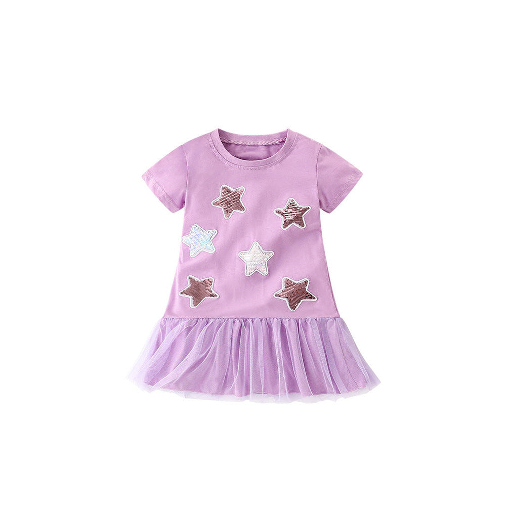 MyKids-USA® Girls’ Sequin Star Pattern Short Sleeves T-Shirt Patchwork Dress