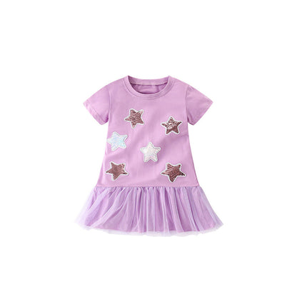MyKids-USA® Girls’ Sequin Star Pattern Short Sleeves T-Shirt Patchwork Dress