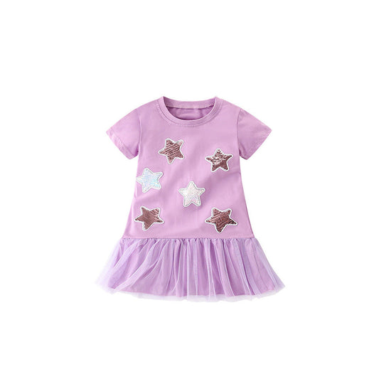 MyKids-USA® Summer Arrival Girls’ Sequin Star Pattern Short Sleeves T-Shirt Patchwork Dress