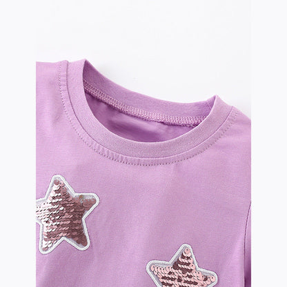 MyKids-USA® Girls’ Sequin Star Pattern Short Sleeves T-Shirt Patchwork Dress