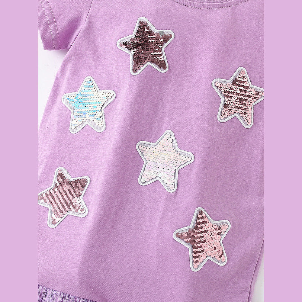 MyKids-USA® Girls’ Sequin Star Pattern Short Sleeves T-Shirt Patchwork Dress