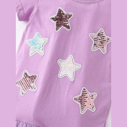 MyKids-USA® Girls’ Sequin Star Pattern Short Sleeves T-Shirt Patchwork Dress