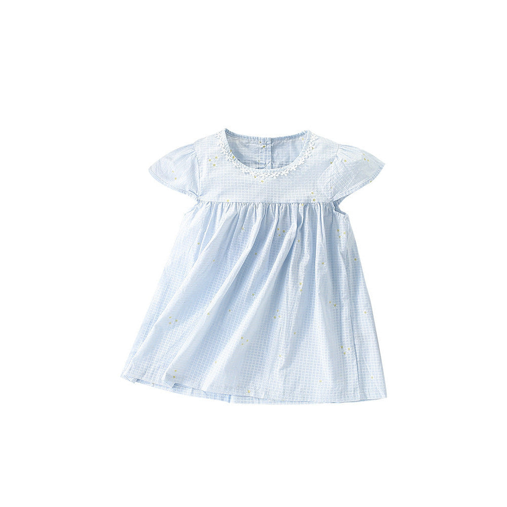 MyKids-USA® Girls’ Simple Plaid Short Sleeves Light Blue Dress