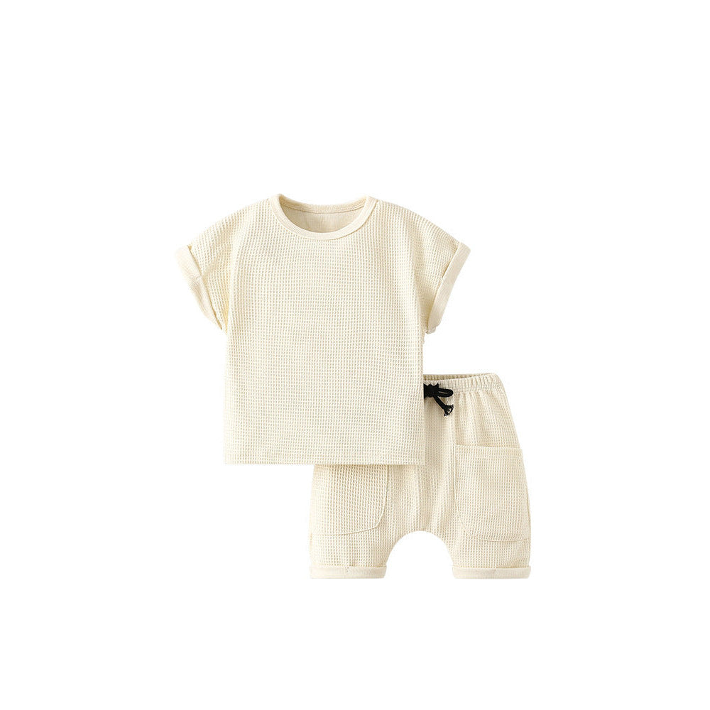 MyKids-USA® Baby Kids Unisex Simple Plain Waffle Grid Beige T-Shirt And Shorts Solid Color Clothing Set
