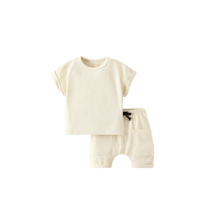 MyKids-USA® Baby Kids Unisex Simple Plain Waffle Grid Beige T-Shirt And Shorts Solid Color Clothing Set