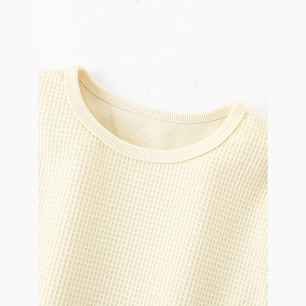 MyKids-USA® Baby Kids Unisex Simple Plain Waffle Grid Beige T-Shirt And Shorts Solid Color Clothing Set