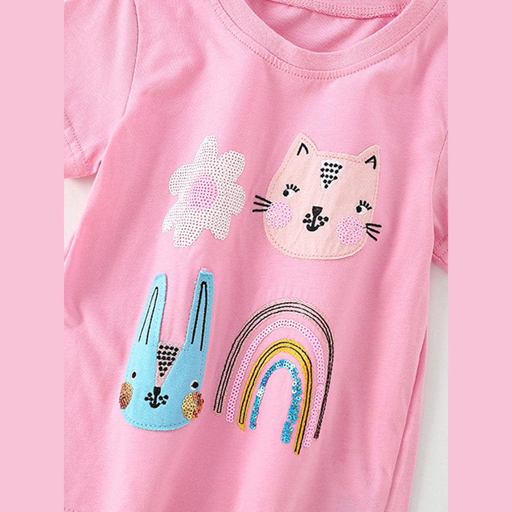 MyKids-USA® Girls’ Cartoon Pattern Short Sleeves T-Shirt In European And American Style