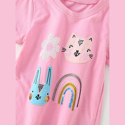 MyKids-USA® Girls’ Cartoon Pattern Short Sleeves T-Shirt In European And American Style